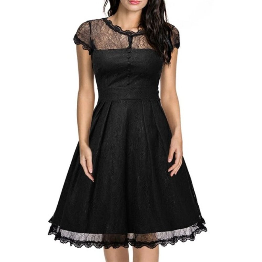 GIGILEER Black Lace Hollowout Round Neck Swing Evening Cocktail Dress | Size 2XL